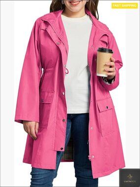 Plus Size Rain Jacket Waterproof Windbreaker Hooded Trench Coat with Pockets